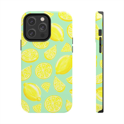 Bright Yellow Lemons Watercolor Illustrated Tossed Pattern Mint Green Tough Phone Case | Various Models