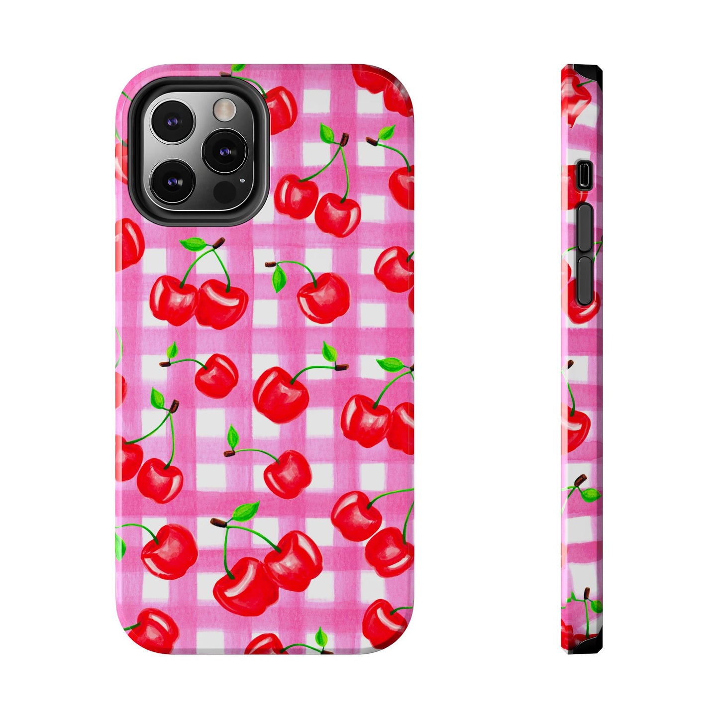 Tossed Red Watercolor Cherries Illustrated Pattern Light Pink Gingham Tough Phone Case | Various Models