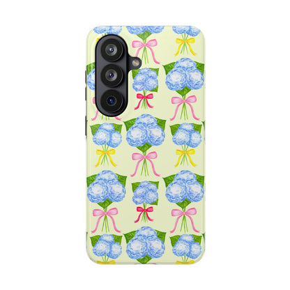 Blue Hydrangeas with Hot Pink, Yellow, Light Pink Bows Watercolor Illustrated Patterned Light Yellow Tough Phone Case | Various Models