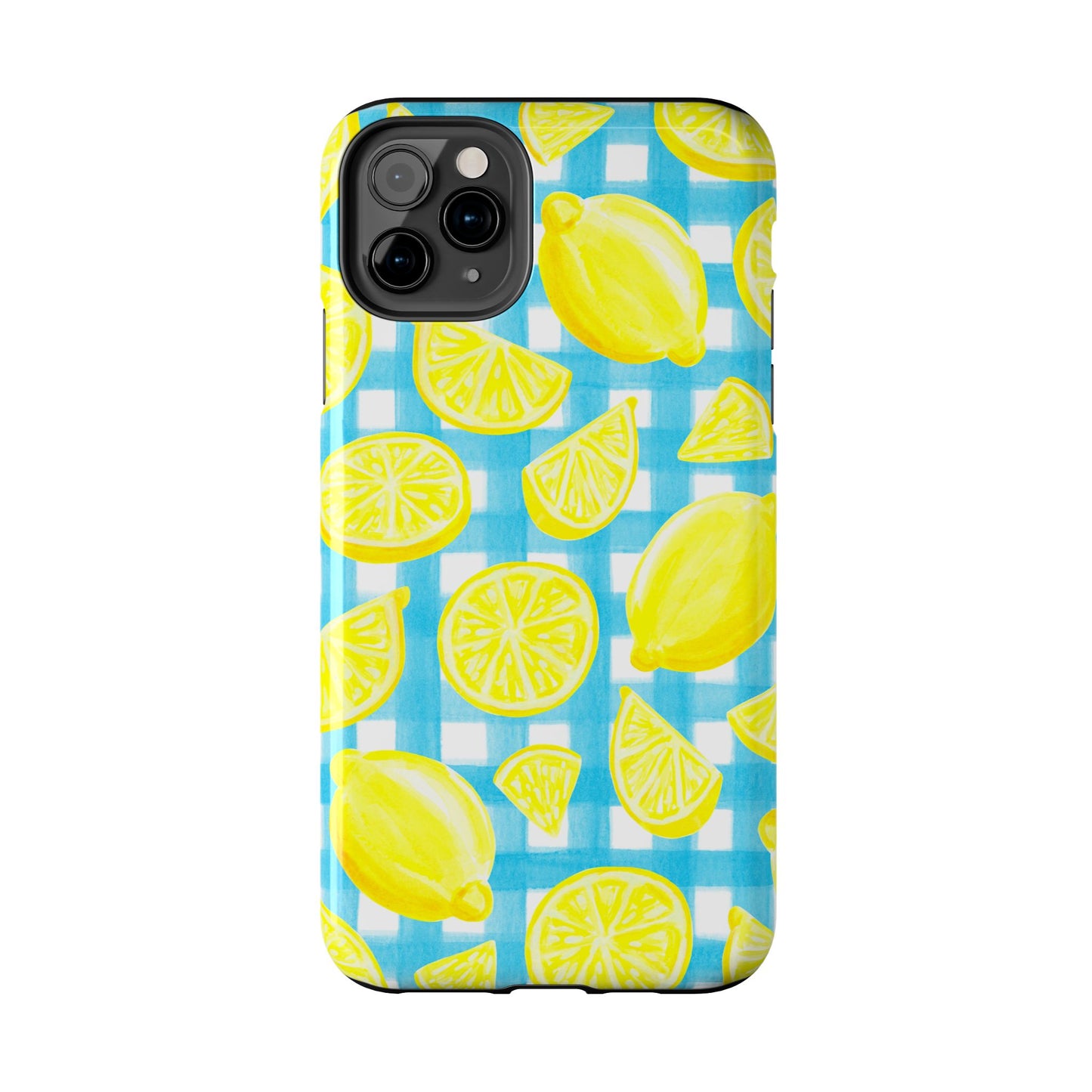 Bright Yellow Lemons Watercolor Illustrated Tossed Pattern Turquoise Gingham Tough Phone Case | Various Models