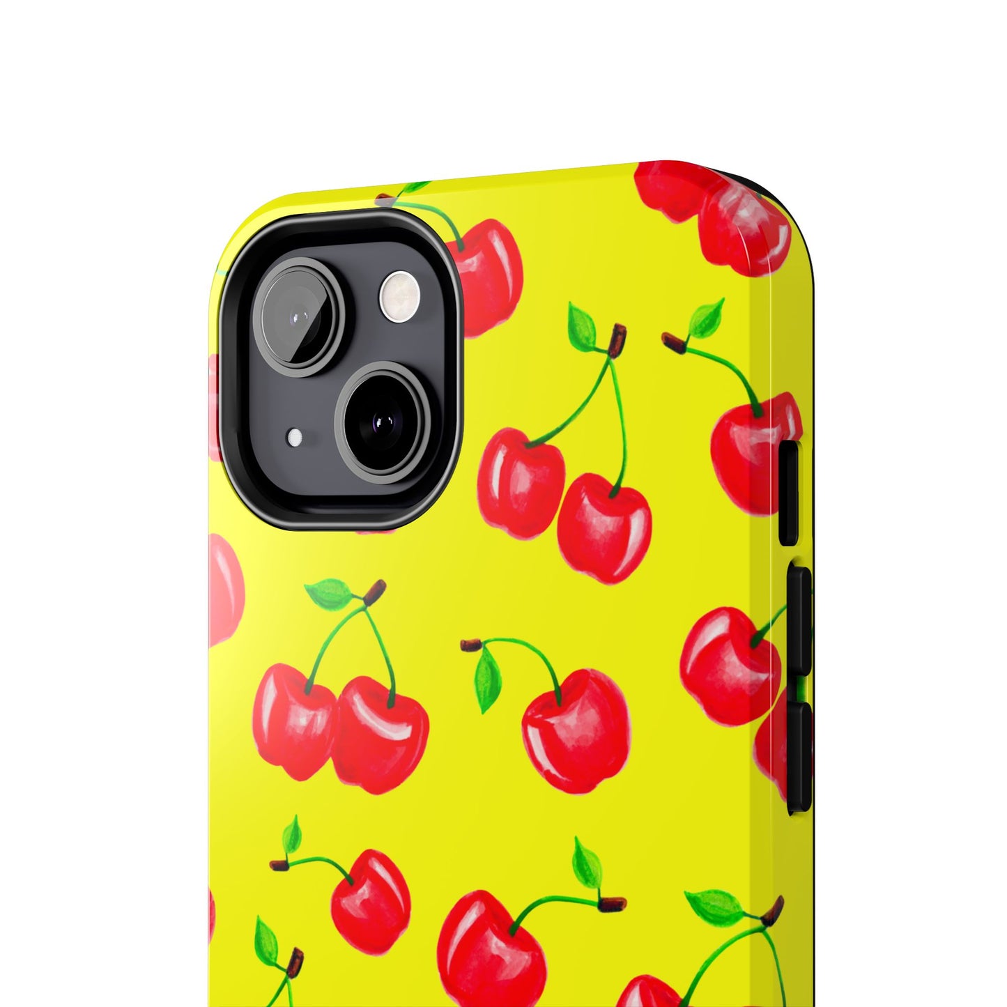 Tossed Red Watercolor Cherries Illustrated Pattern Bright Yellow Tough Phone Case | Various Models