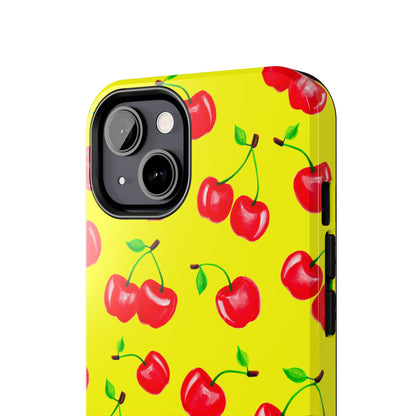 Tossed Red Watercolor Cherries Illustrated Pattern Bright Yellow Tough Phone Case | Various Models