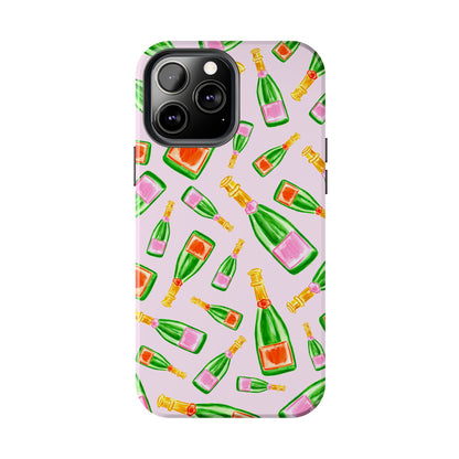Tossed Pink and Green & Orange and Green Watercolor Illustrated Champagne Bottles Pattern Blush Pink Tough Phone Case | Various Models