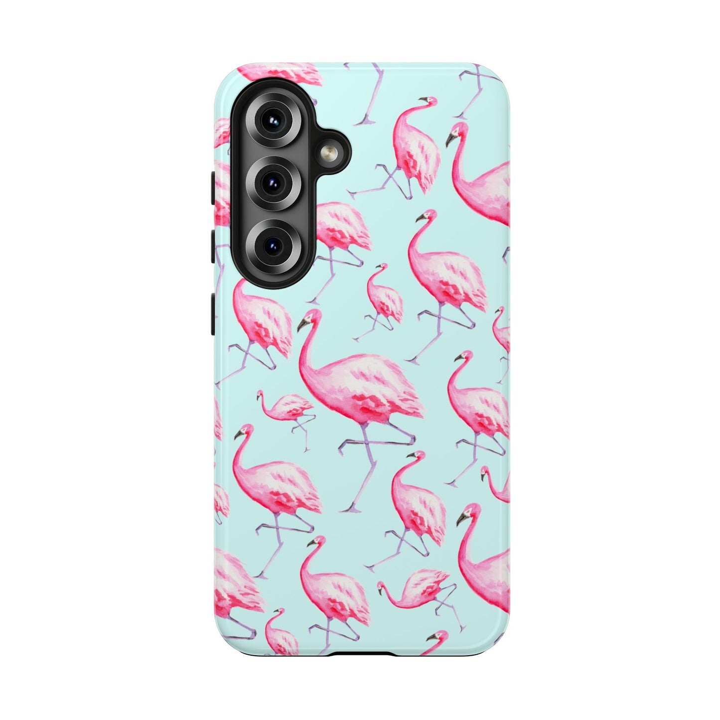 Pink Flamingos Watercolor Illustrated Tossed Pattern Blue Phone Case | Various Models Samsung Galaxy S25