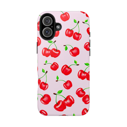 Tossed Red Watercolor Cherries Illustrated Pattern Light Pink Tough Phone Case | Various Models