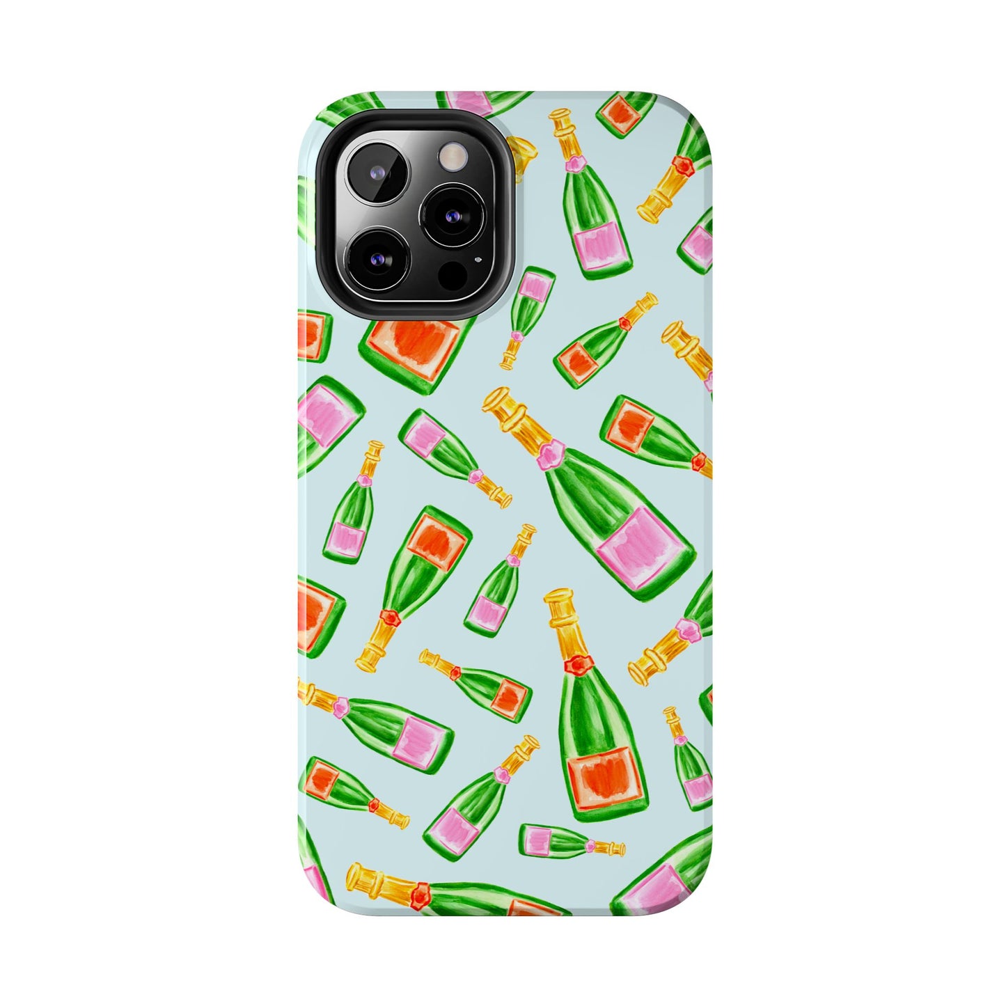 Tossed Pink and Green & Orange and Green Watercolor Illustrated Champagne Bottles Pattern Light Blue Tough Phone Case | Various Models