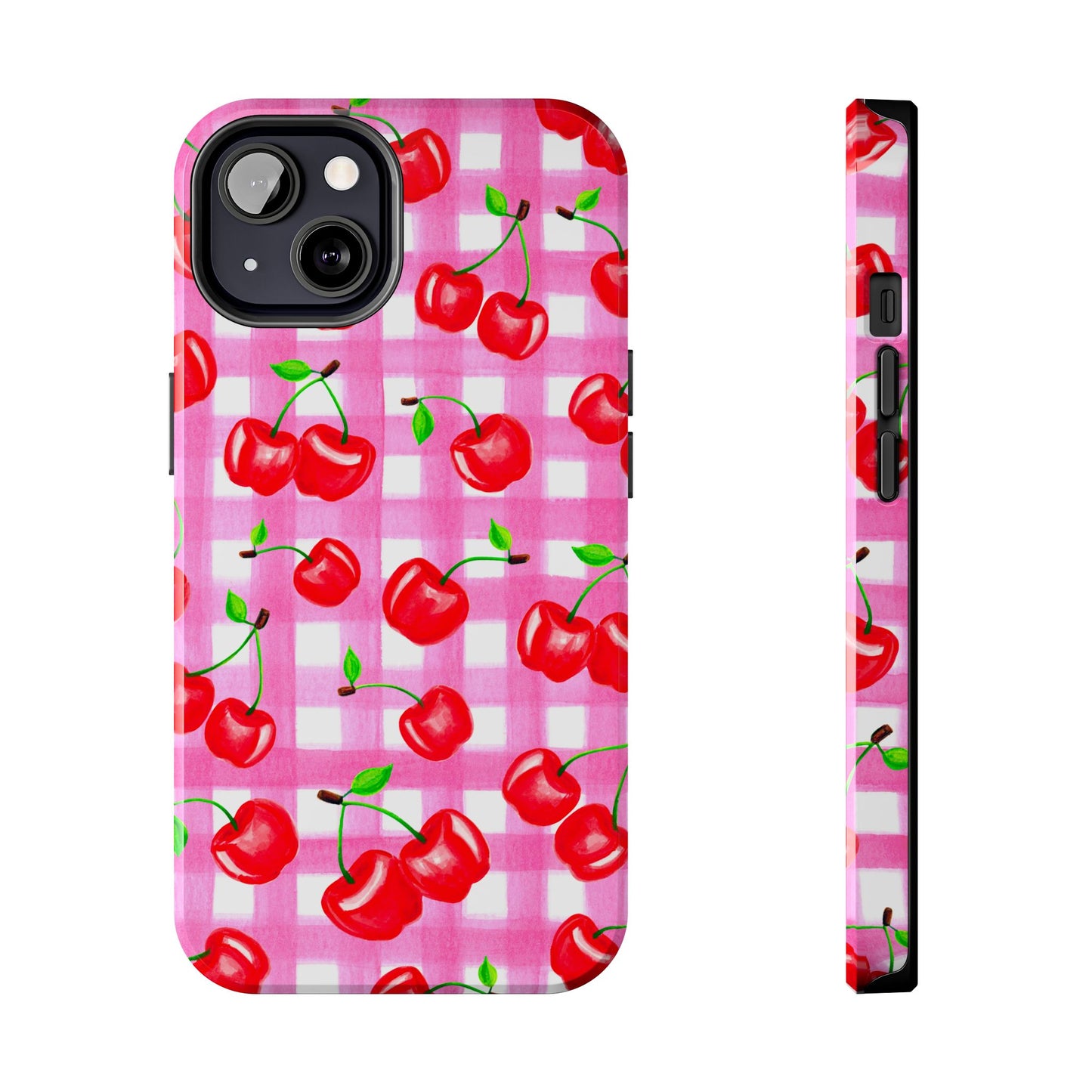 Tossed Red Watercolor Cherries Illustrated Pattern Light Pink Gingham Tough Phone Case | Various Models