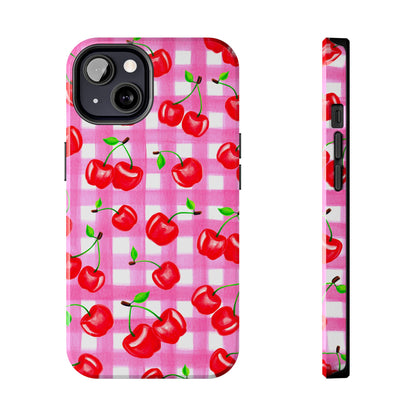 Tossed Red Watercolor Cherries Illustrated Pattern Light Pink Gingham Tough Phone Case | Various Models