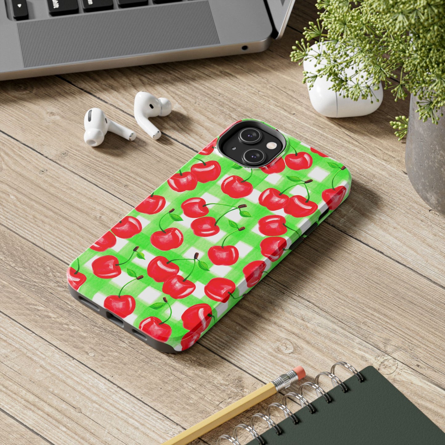 Red Tossed Cherries Green Gingham Watercolor Illustrated Tough Phone Case | Various Models Available