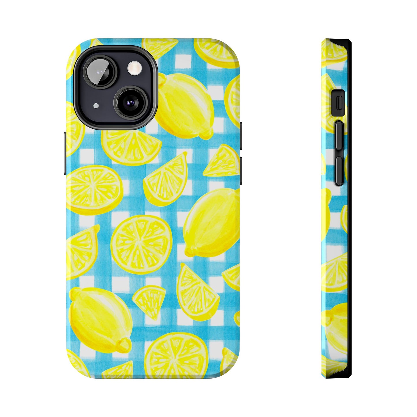 Bright Yellow Lemons Watercolor Illustrated Tossed Pattern Turquoise Gingham Tough Phone Case | Various Models