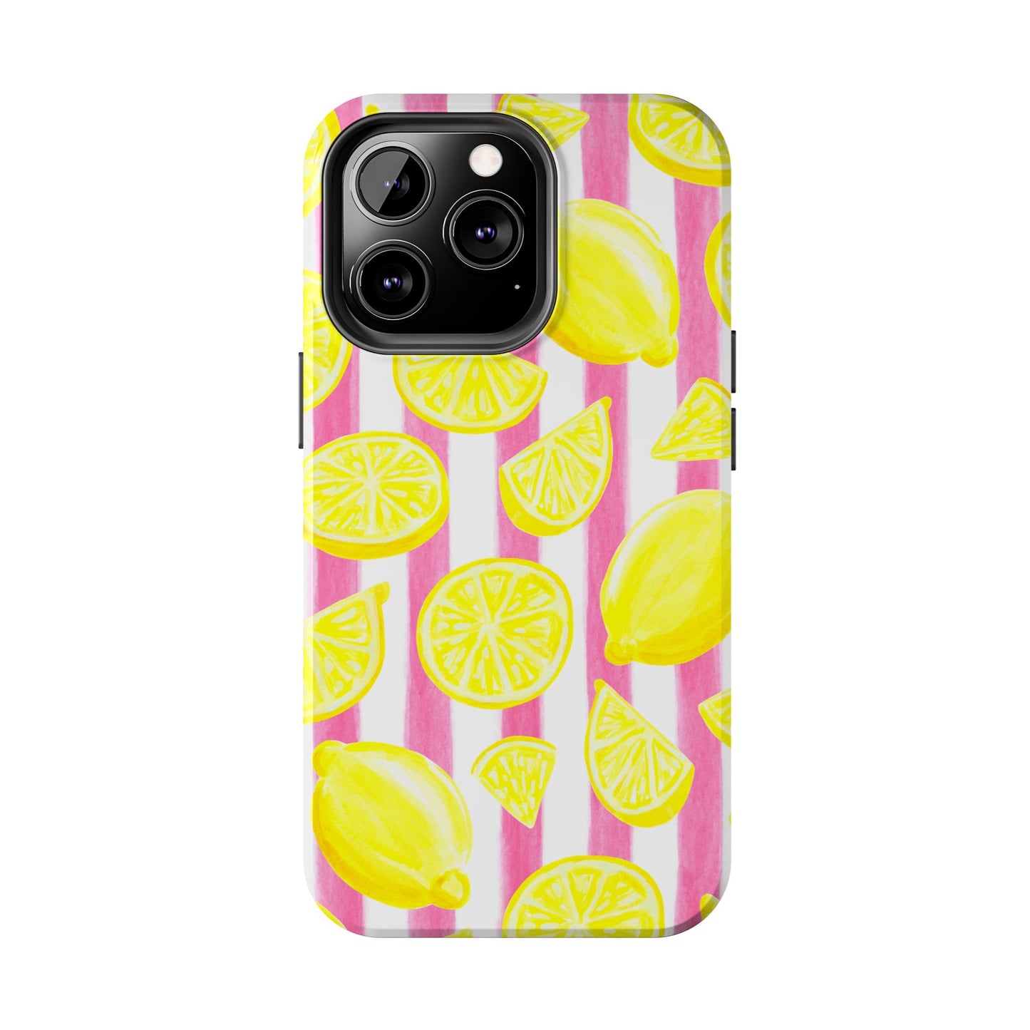 Pink Lemonade Yellow Lemons with Pink & White Watercolor Stripes Tough Phone Case