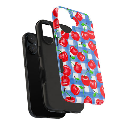 Tossed Red Cherries Blue Gingham Checkered Watercolor Illustrated Tough Phone Case | Various Models