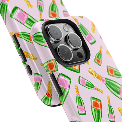 Tossed Pink and Green & Orange and Green Watercolor Illustrated Champagne Bottles Pattern Blush Pink Tough Phone Case | Various Models