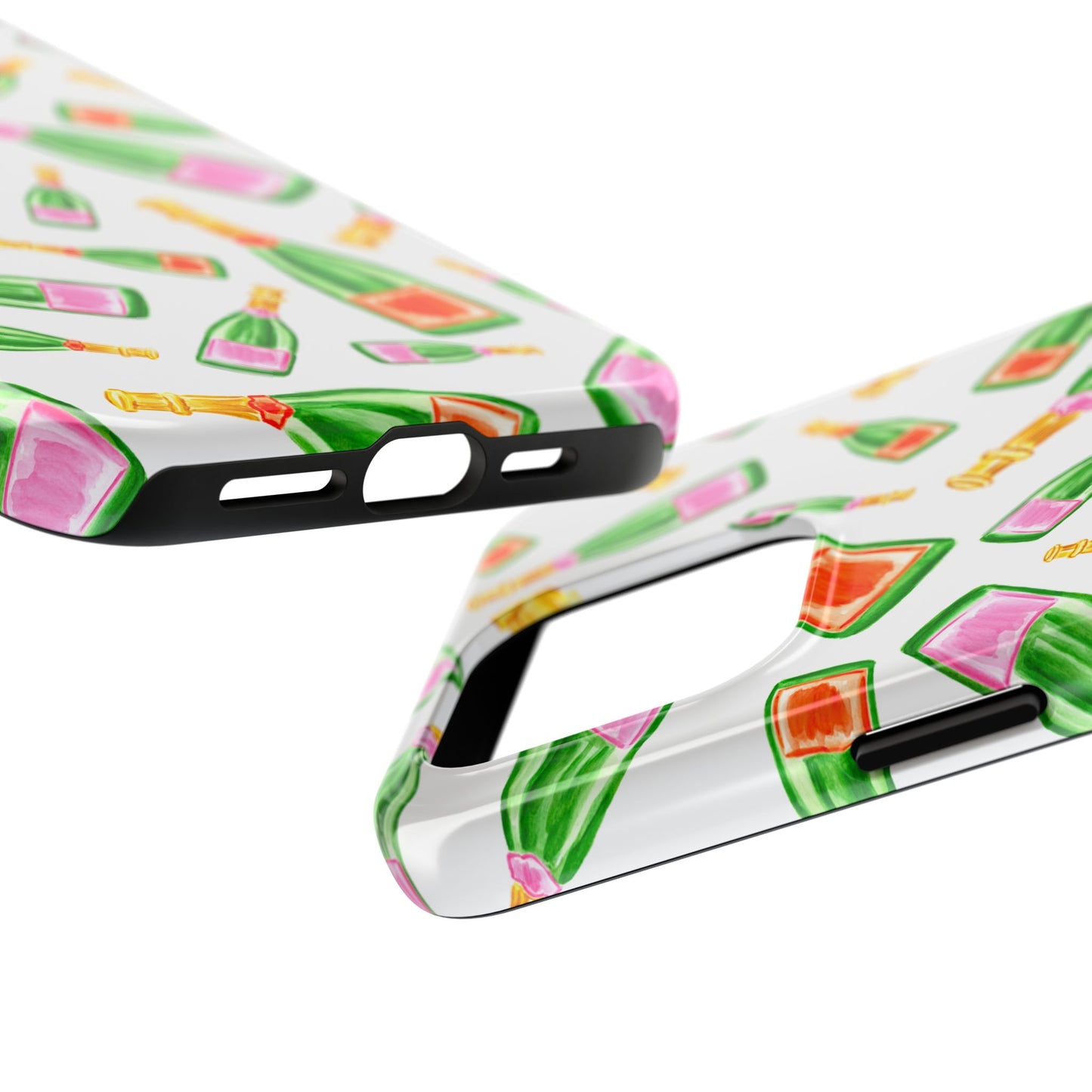 Tossed Pink and Green & Orange and Green Watercolor Illustrated Champagne Bottles Pattern Tough Phone Case | Various Models