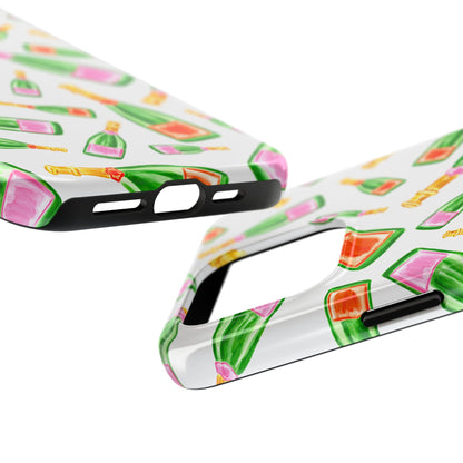 Tossed Pink and Green & Orange and Green Watercolor Illustrated Champagne Bottles Pattern Tough Phone Case | Various Models