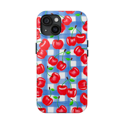Tossed Red Cherries Blue Gingham Checkered Watercolor Illustrated Tough Phone Case | Various Models