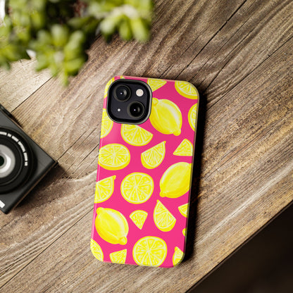 Bright Yellow Lemons Watercolor Illustrated Tossed Pattern Watermelon Pink Tough Phone Case | Various Models