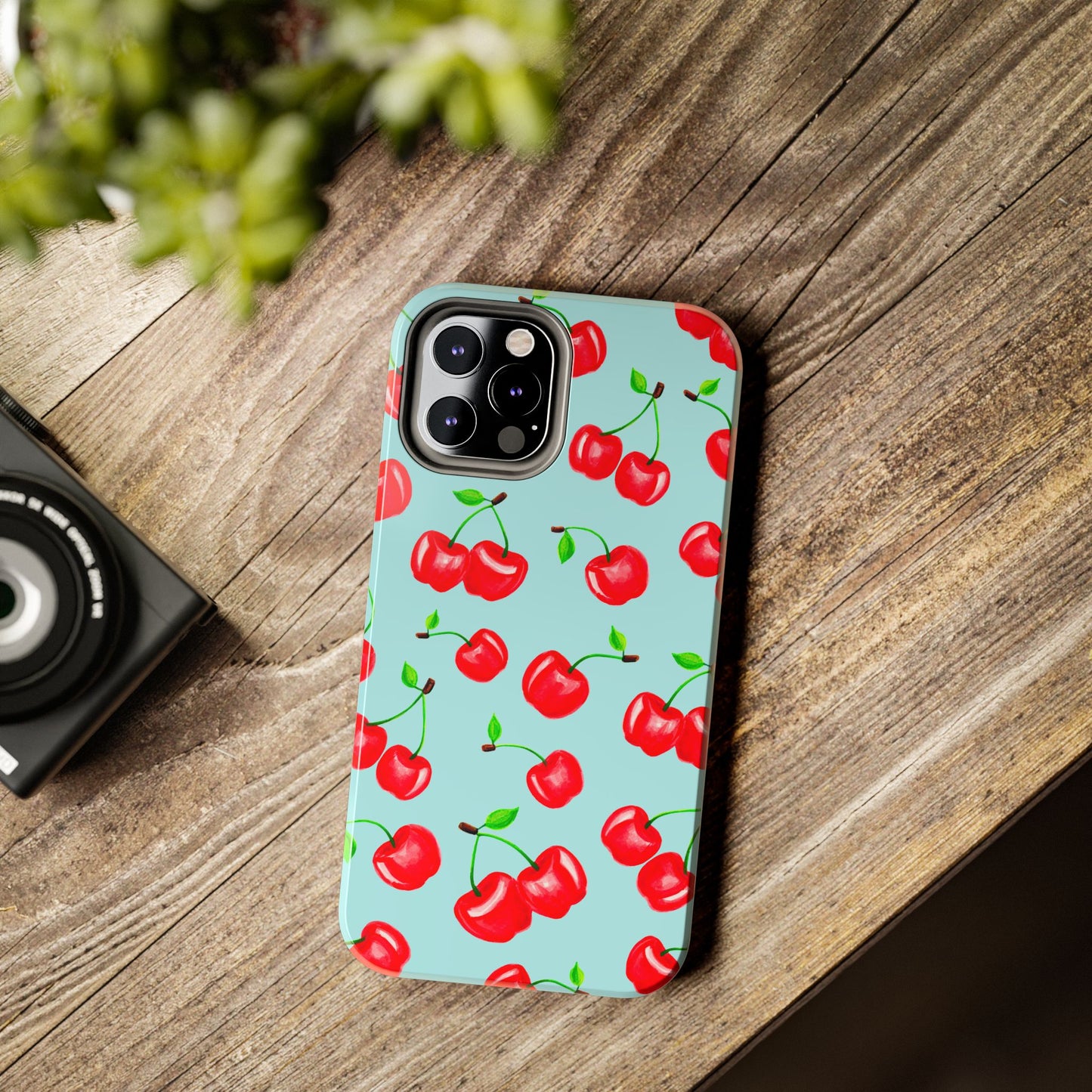 Tossed Red Watercolor Cherries Illustrated Pattern Bright Blue Tough Phone Case | Various Models