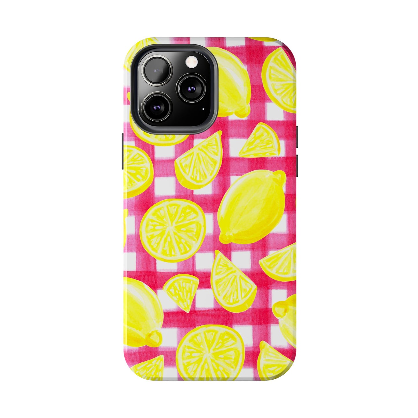 Yellow Lemons & Hot Pink Gingham Watercolor Illustrated Tough Phone Case | Various Models Available