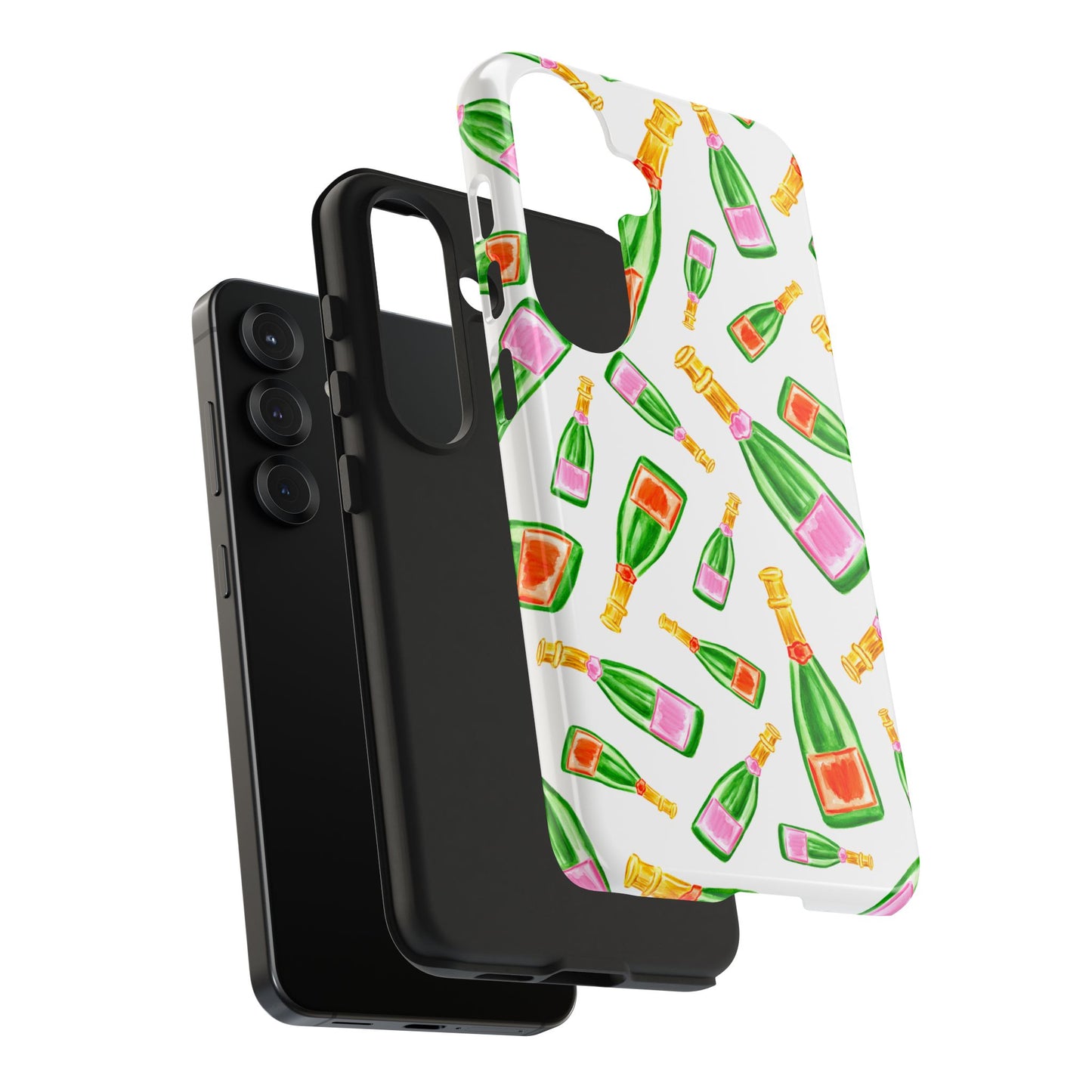 Tossed Pink and Green & Orange and Green Watercolor Illustrated Champagne Bottles Pattern Tough Phone Case | Various Models