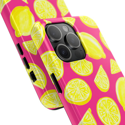 Bright Yellow Lemons Watercolor Illustrated Tossed Pattern Watermelon Pink Tough Phone Case | Various Models