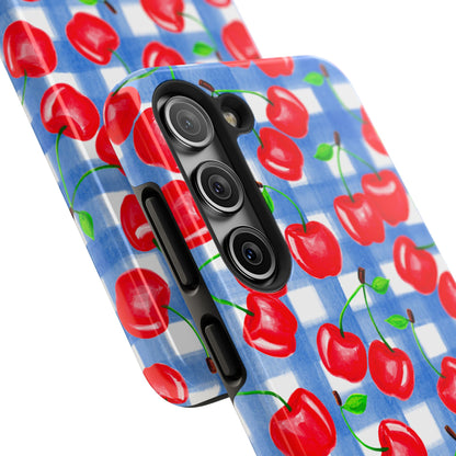 Tossed Red Cherries Blue Gingham Checkered Watercolor Illustrated Tough Phone Case | Various Models