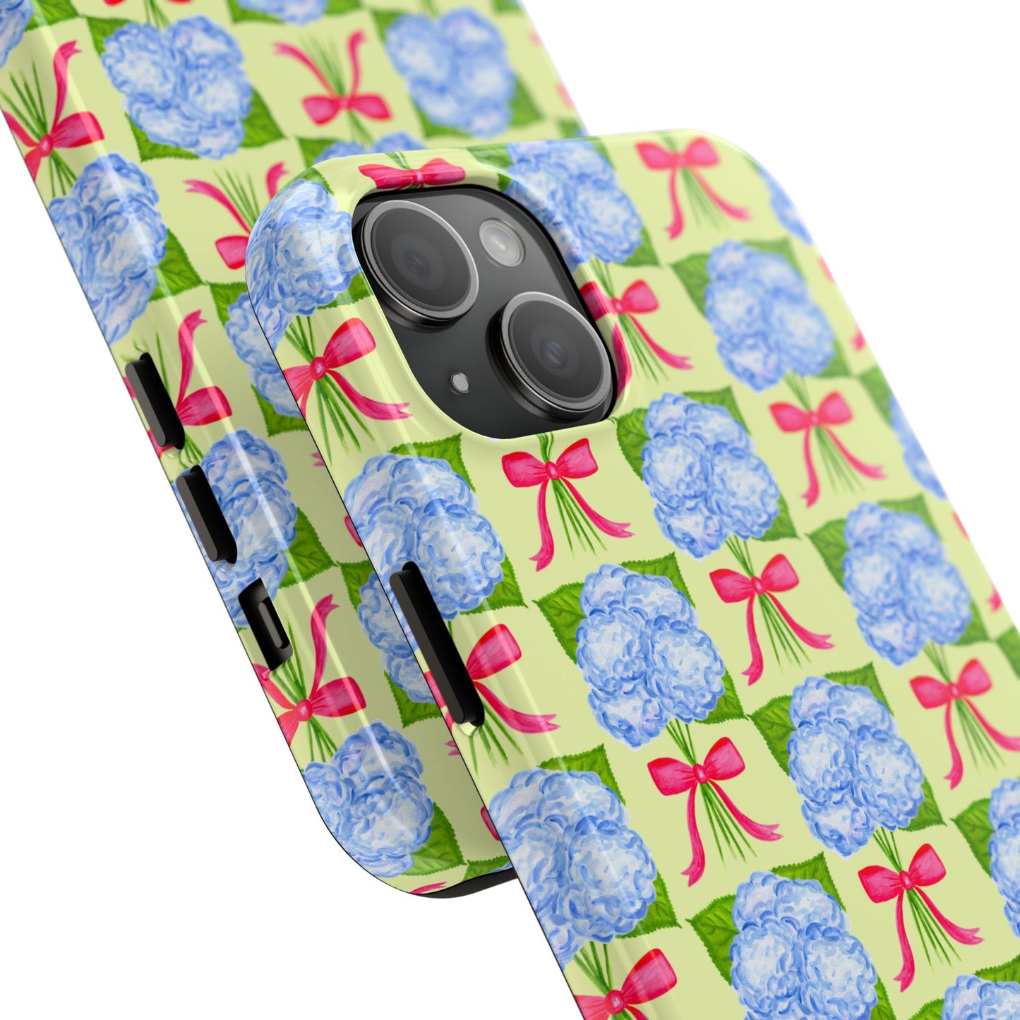 Blue Watercolor Hydrangea Bouquets with Hot Pink Bows Illustrated Patterned Yellow Preppy Grand Millenial Tough Phone Case | Various Models