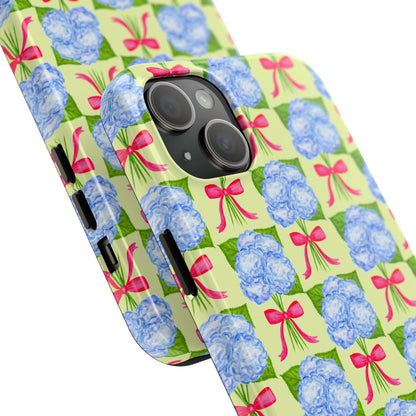 Blue Watercolor Hydrangea Bouquets with Hot Pink Bows Illustrated Patterned Yellow Preppy Grand Millenial Tough Phone Case | Various Models