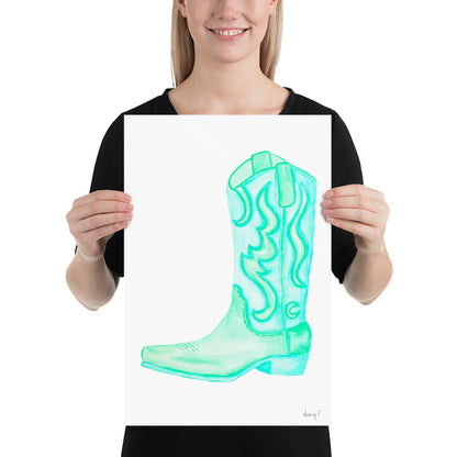 Print | Watercolor Mint Turquoise Cowboy Boot 12″×18″