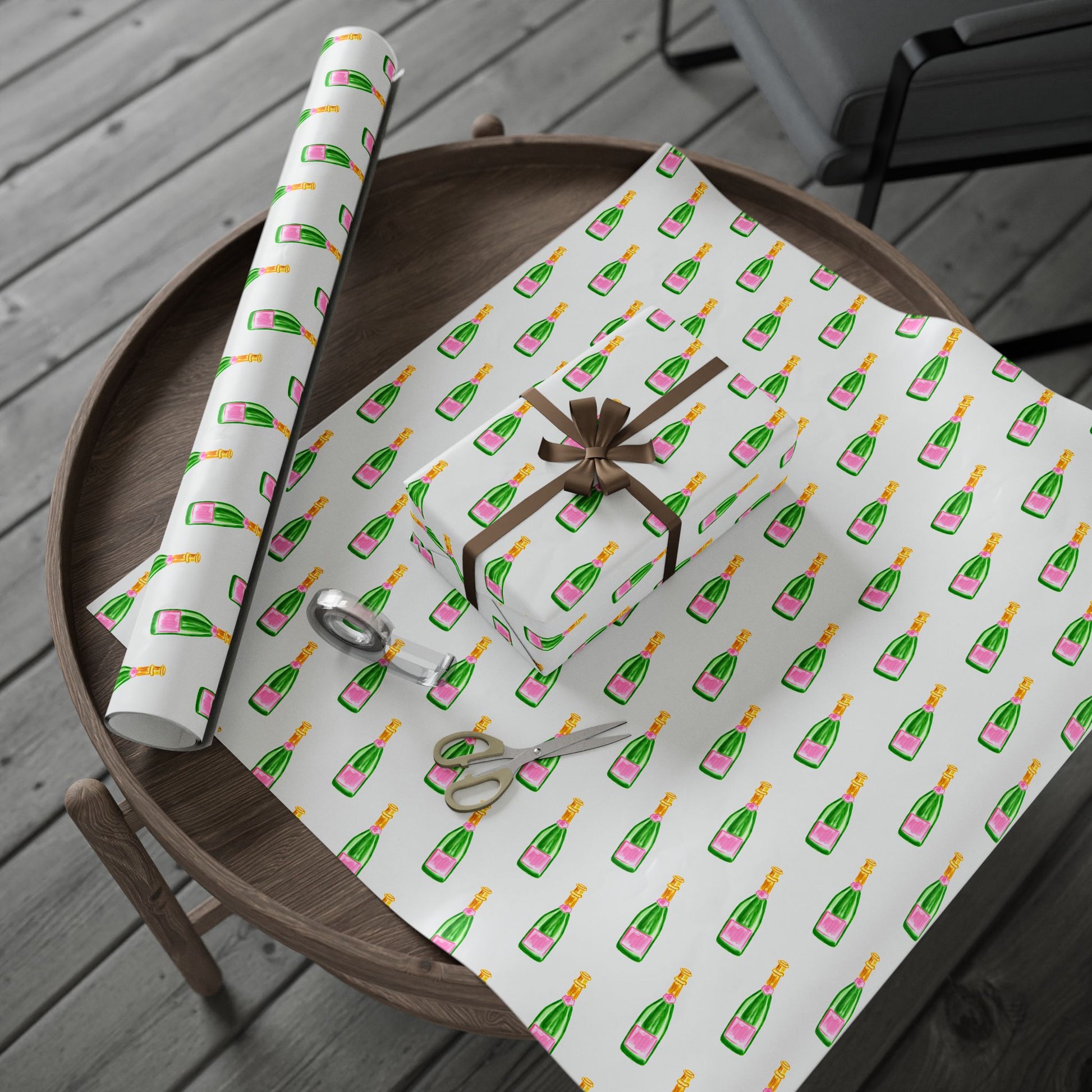 Gift Wrap | White Watercolor Pink & Green Champagne Bottles Pattern | Matte or Glossy