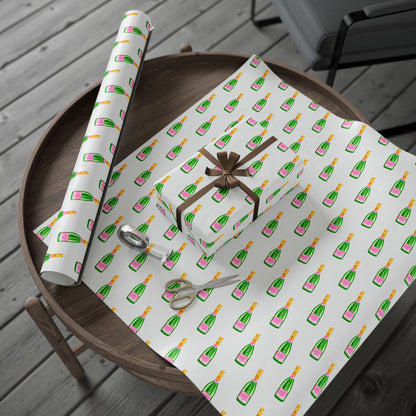 Gift Wrap | White Watercolor Pink & Green Champagne Bottles Pattern | Matte or Glossy