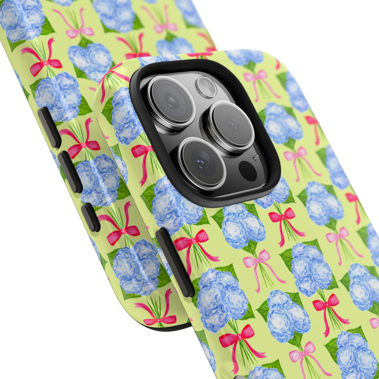 Watercolor Blue Hydrangea Bouquets with Hot Pink and Light Pink Bow Ribbons Illustrated Pattern Yellow Tough Phone Case | Various Models