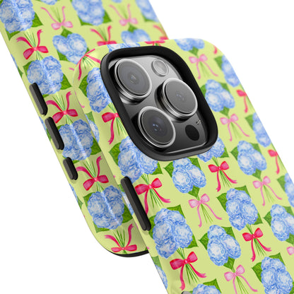 Watercolor Blue Hydrangea Bouquets with Hot Pink and Light Pink Bow Ribbons Illustrated Pattern Yellow Tough Phone Case | Various Models