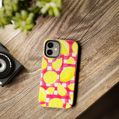 Yellow Lemons & Hot Pink Gingham Watercolor Illustrated Tough Phone Case | Various Models Available