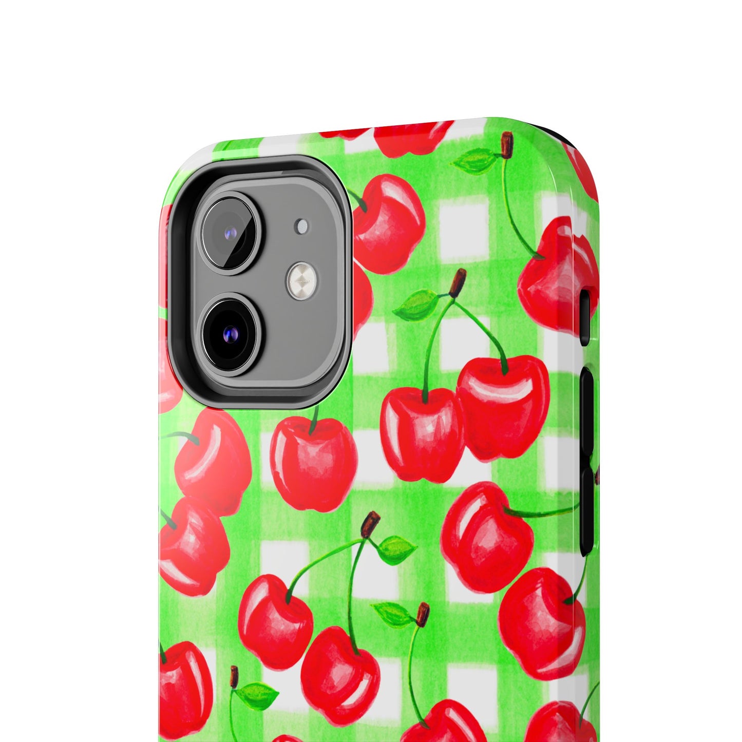 Red Tossed Cherries Green Gingham Watercolor Illustrated Tough Phone Case | Various Models Available