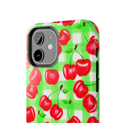 Red Tossed Cherries Green Gingham Watercolor Illustrated Tough Phone Case | Various Models Available