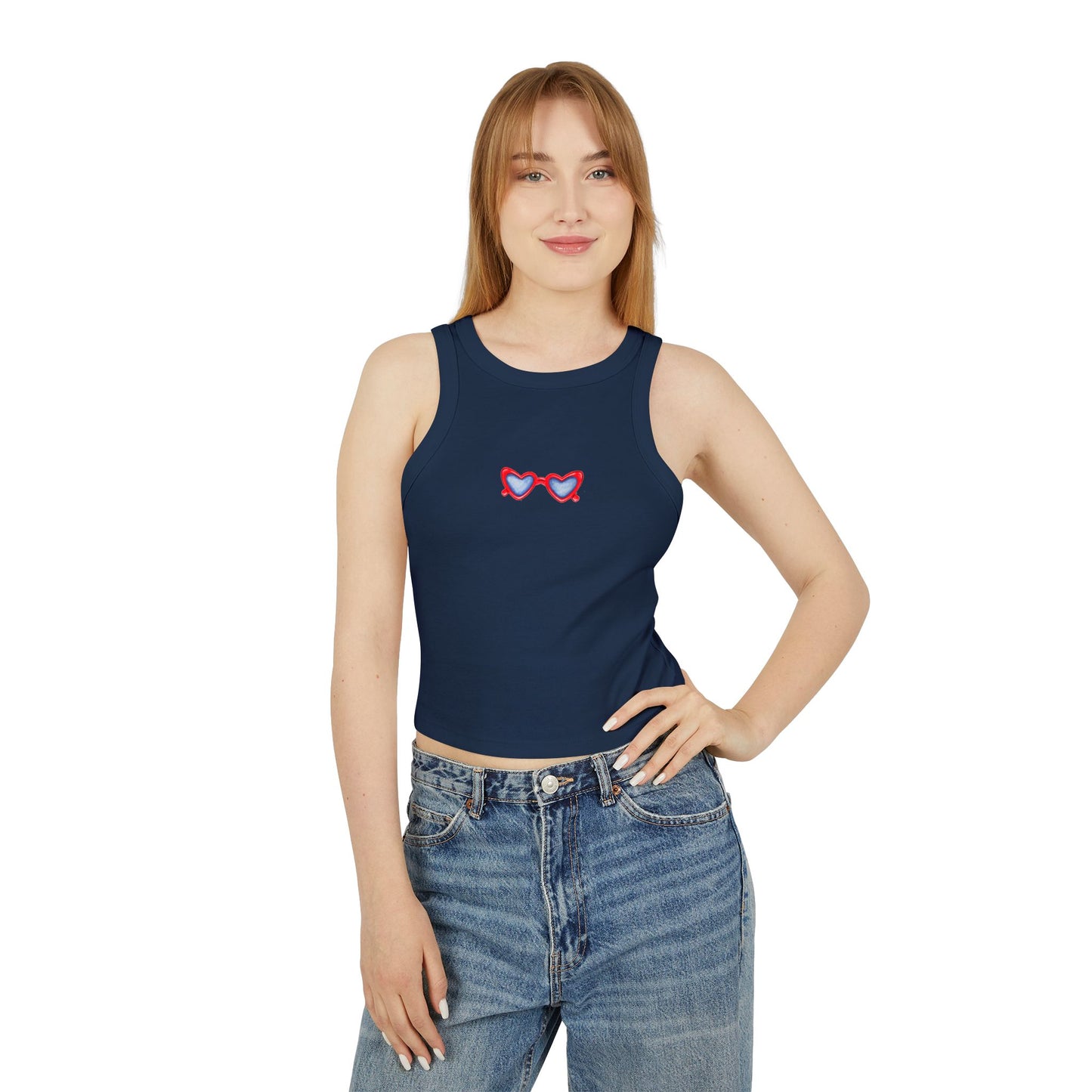 Red White & Blue Heart Shaped Glasses Printed Women's Micro Rib Racer Tank Top