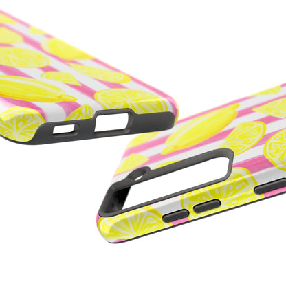 Pink Lemonade Yellow Lemons with Pink & White Watercolor Stripes Tough Phone Case