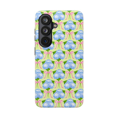 Blue Watercolor Hydrangea Bouquets with Light Pink Bows Watercolor Illustrated Patterned Yellow Tough Phone Case | Various Models
