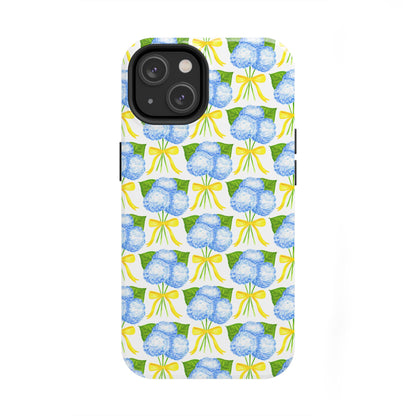 Blue Hydrangea Bouquets with Yellow Bow Ribbon Watercolor Illustrated Patterned Tough Phone Case | Various Models