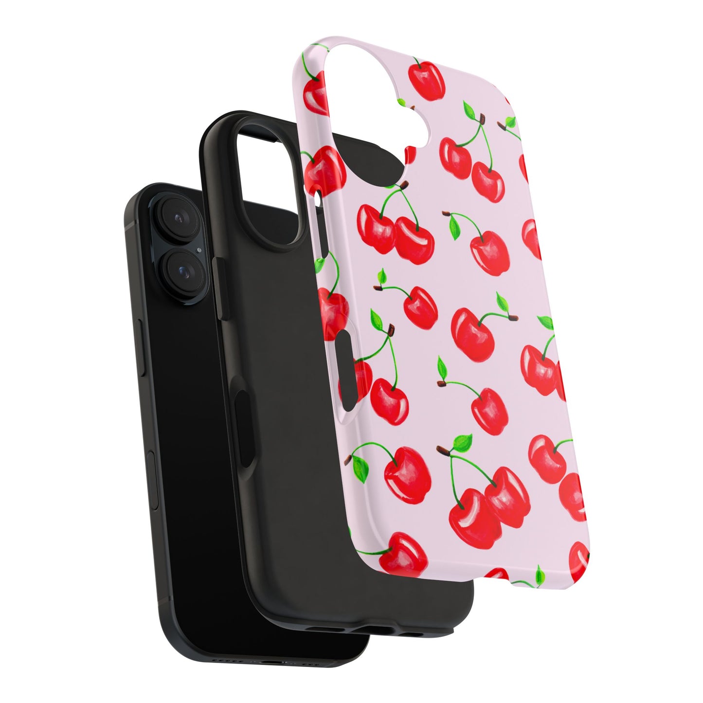 Tossed Red Watercolor Cherries Illustrated Pattern Light Pink Tough Phone Case | Various Models