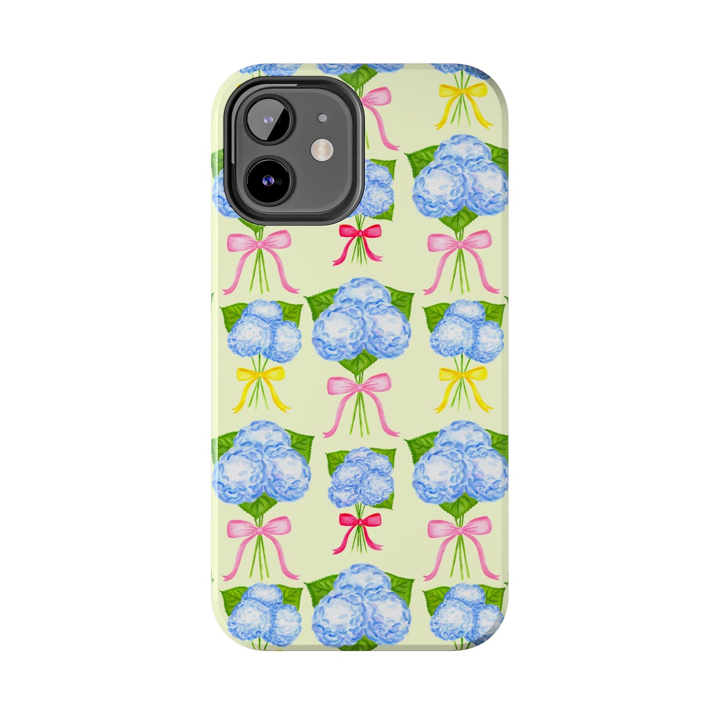 Blue Hydrangeas with Hot Pink, Yellow, Light Pink Bows Watercolor Illustrated Patterned Light Yellow Tough Phone Case | Various Models