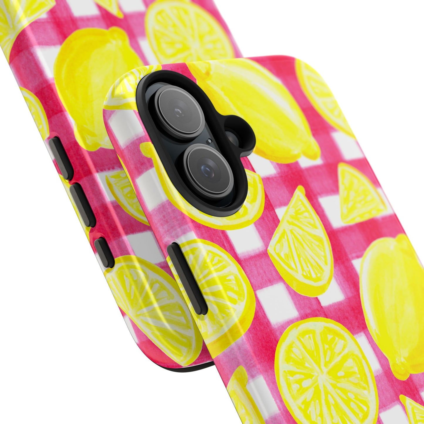 Yellow Lemons & Hot Pink Gingham Watercolor Illustrated Tough Phone Case | Various Models Available