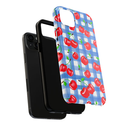 Tossed Red Watercolor Illustrated Cherries Light Blue Gingham Tough Phone Case | Various Models