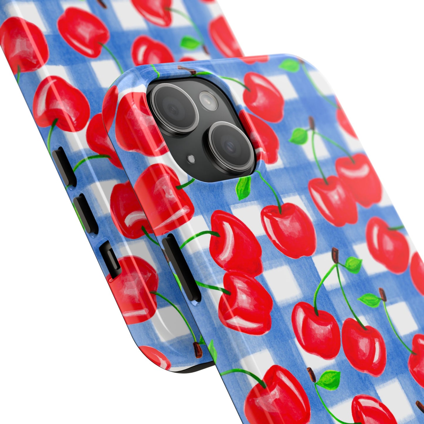Tossed Red Cherries Blue Gingham Checkered Watercolor Illustrated Tough Phone Case | Various Models