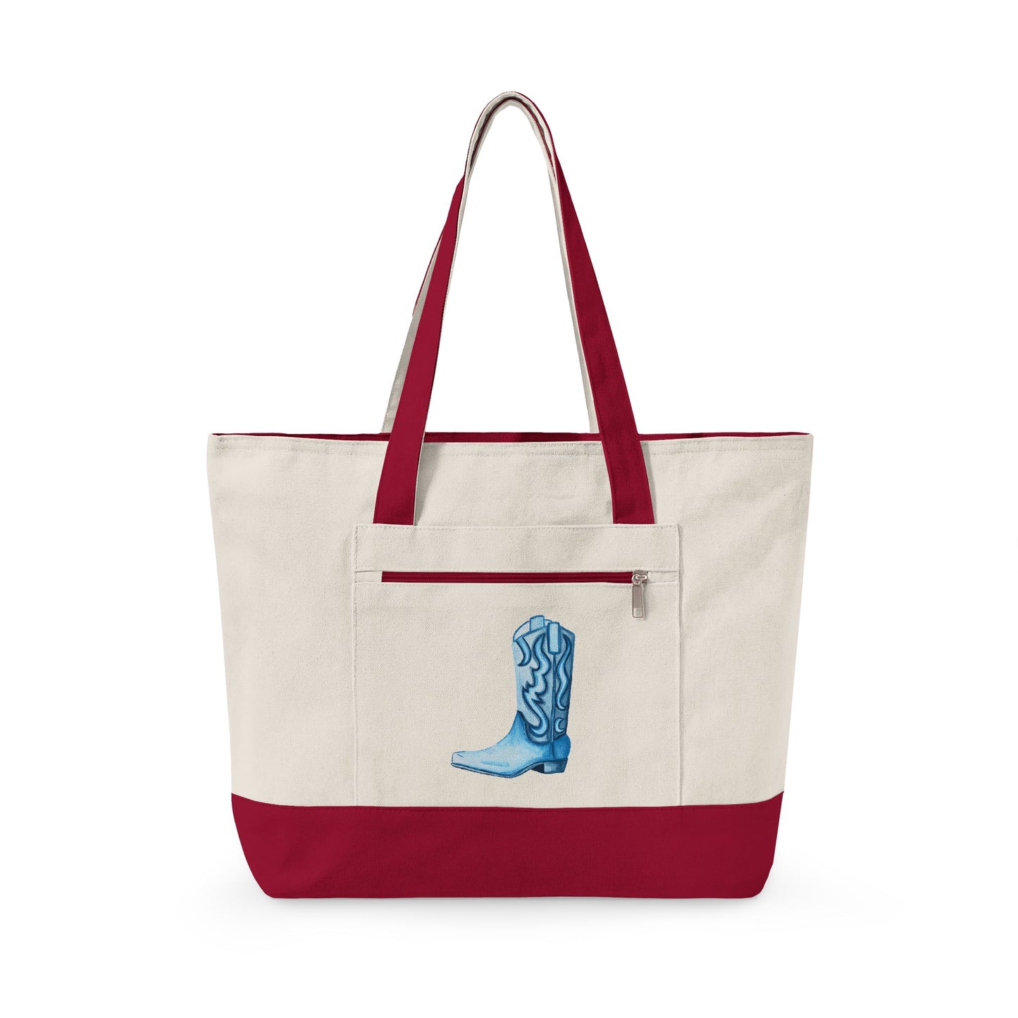 Navy Blue Cowboy Boot Watercolor Printed Zippered Canvas Tote 18" x 14" | Various Colors