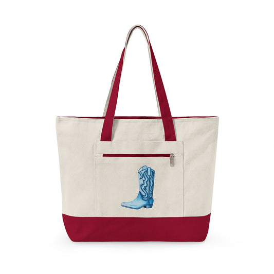 Navy Blue Cowboy Boot Watercolor Printed Zippered Canvas Tote 18" x 14" | Various Colors