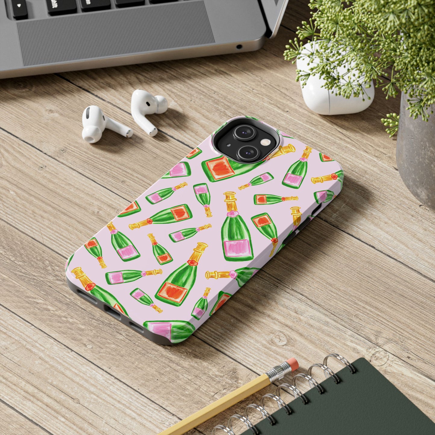 Tossed Pink and Green & Orange and Green Watercolor Illustrated Champagne Bottles Pattern Blush Pink Tough Phone Case | Various Models