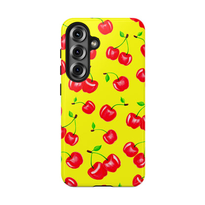 Tossed Red Watercolor Cherries Illustrated Pattern Bright Yellow Tough Phone Case | Various Models
