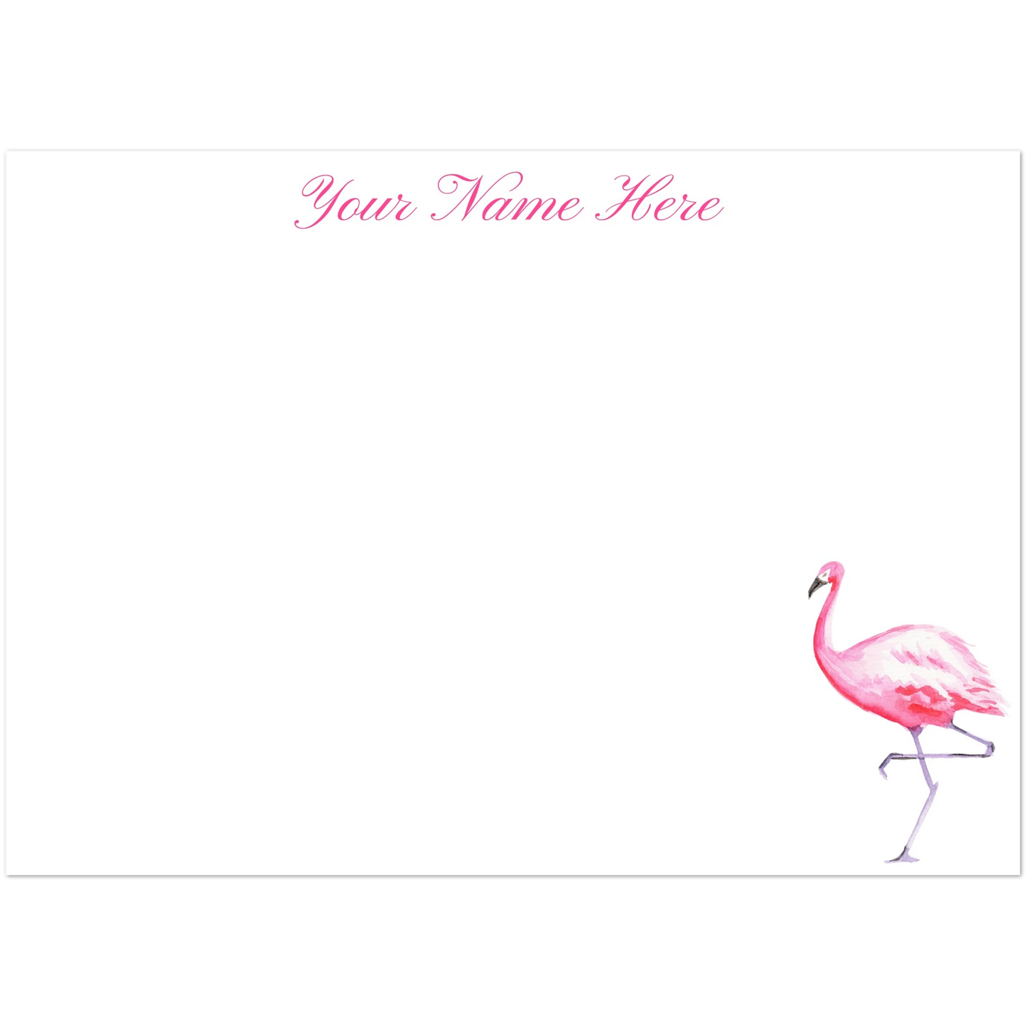 Personalized Pink Flamingo Watercolor Illustrated Flat Notecards | Set of 10 Cards & Envelopes | 2 Sizes 5R (5 x 7″)